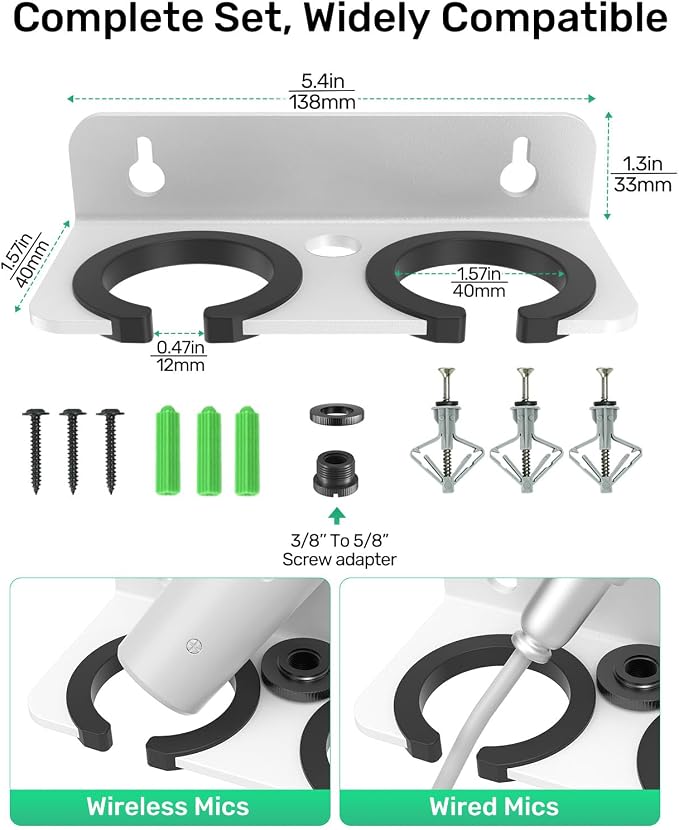 White 2-Slot Multi Mic Holder for Handheld Wired/Wireless, Wall/Stand Mount | Wall Mounted Organizer, Fits 5/8 & 3/8 Mic Stand, Holds 2 Wired/Wireless Mics for Church/Stage/Studio, Rubber Pad Protection - Image 6