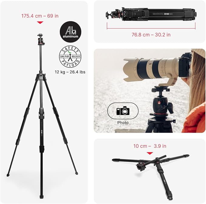 Manfrotto ONE Photo, Aluminum Tripod Kit, XPRO Ball Head Arca Swiss, 26.4lbs Load, 90° Horizontal Column, XTEND Legs Fast Setup, Modular Feet, Professional Photo Tripod Kit, DSLR & Mirrorless Cameras - Image 3
