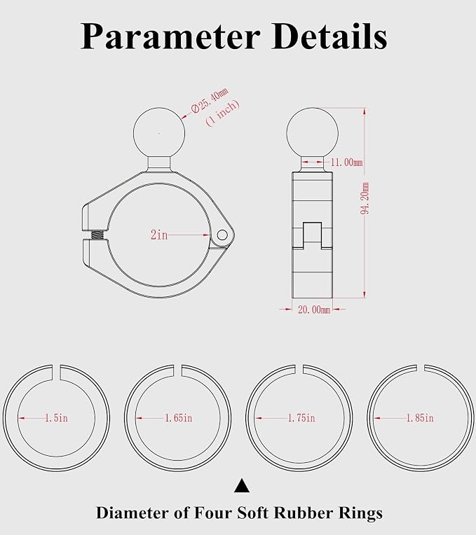 BRCOVAN Aluminum Alloy Large Bar Clamp Mount Base with 1'' TPU Ball | Fit 1.5'' / 1.65'' / 1.75'' / 1.85'' / 2'' Diameter Round Rails, Fit for RAM Mounts B Size 1 Inch Ball Double Socket Arm - Image 8