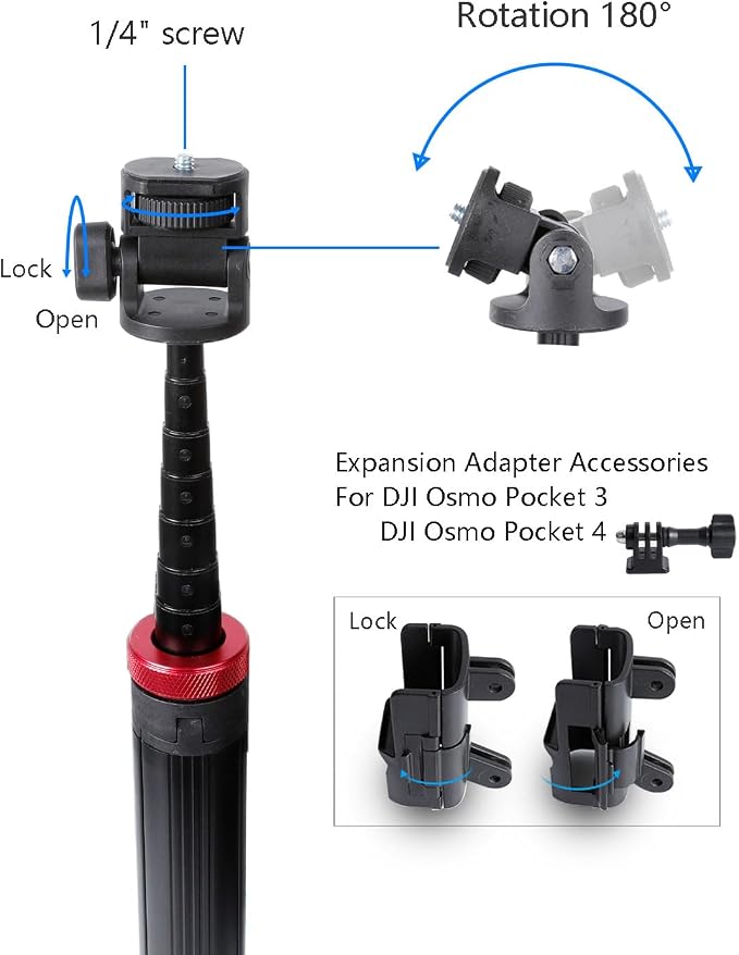 80" Tripod & Selfie Stick with Adapter for DJI Osmo Pocket 3 4 | Expandable Selfie Stick Tripod with 1/4" Screw Connection, For Osmo Pocket 3 4 Accessories - Image 2