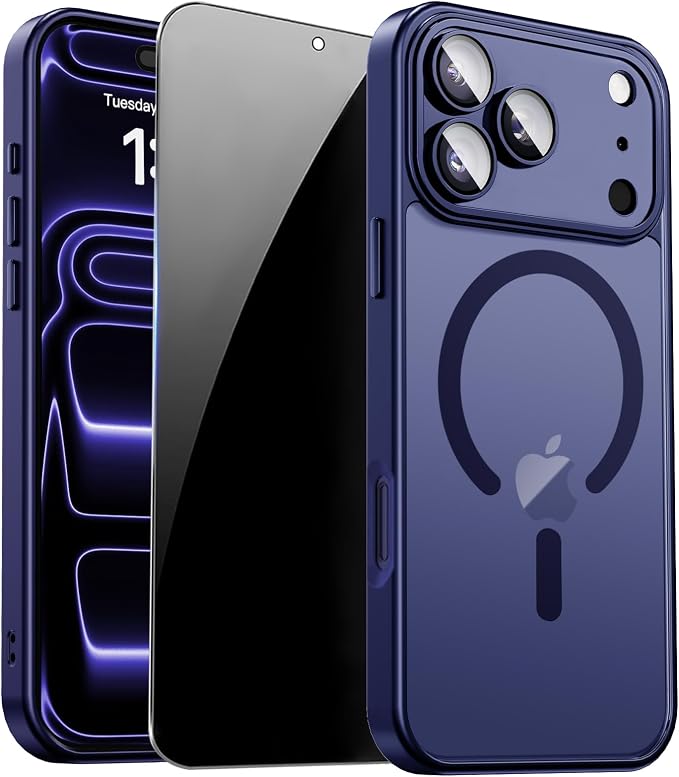 for iPhone 17 Pro Max Case with Privacy Screen Protector, Blue | Full Camera Protection, Compatible with MagSafe, Magnetic Translucent Matte Shockproof Phone Cover for iPhone 17 ProMax by ZOZDOKG