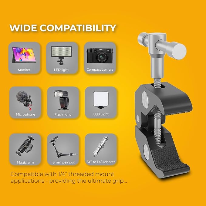 REFLEX CAMERA Super Clamp with 1/4" and 3/8" Thread Ideal Magic arm clamp with Rotary Handle for Photography, Tripod, Lights, Umberellas, DSLR Cameras, Shelves, Rods, Light Stands - Fully Adjustable - Image 5
