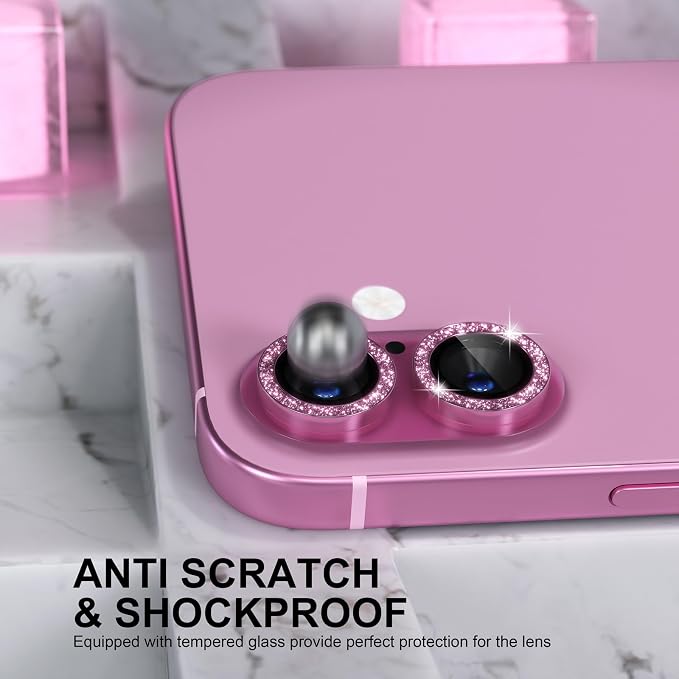 Choiche for iPhone 16/16 Plus Camera Lens Protector Bling, Glitter-Pink | Ultra HD, 9H Tempered Glass Camera Cover Screen Protector Metal Individual Ring Decoration Accessories, 2-Lens, 6.1/6.7-inch - Image 3