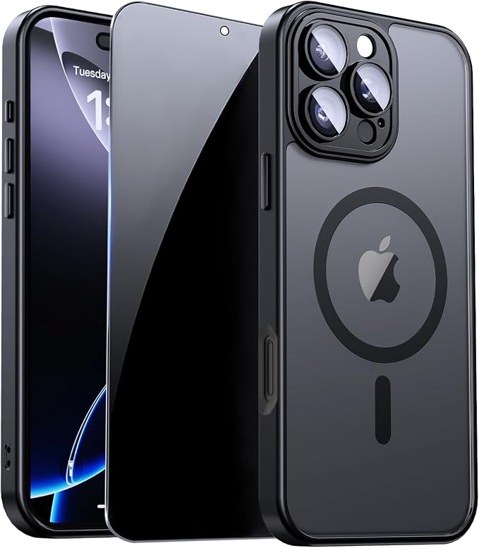 for iPhone 16 Pro Case with Privacy Screen Protector, Black | Full Camera Protection, Matte Translucent, Magnetic, Compatible with MagSafe, Shockproof Phone Cover for iPhone 16 Pro by ZOZDOKG