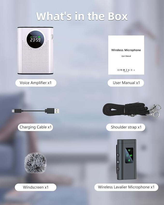 S67 Voice Amplifier Wireless Microphone for Teachers Classroom Rechargeable, Mini Lavalier Lapel Mic, Portable Speaker PA System with LED Display for Class, Tour Guide, Coaches, White - Image 7
