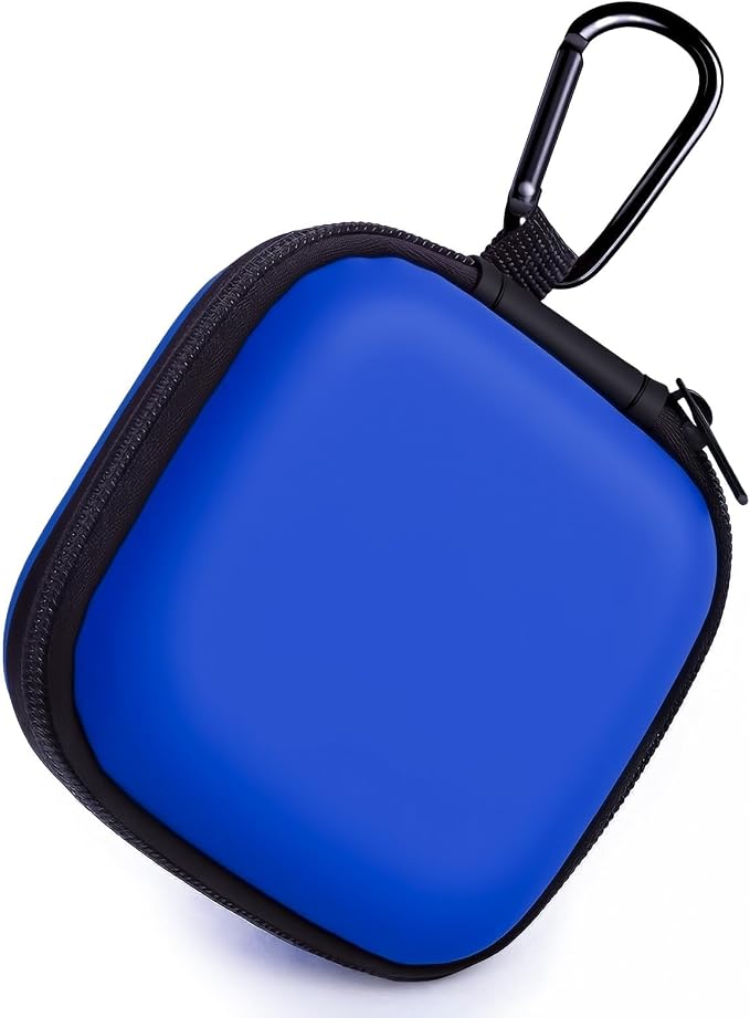 Square Earbud Case with Carabiner, Portable Small Carrying Pouch for Wired/Wireless Earphones, EVA Travel Organizer Box for Charging Cables, USB Flash Drives, SD Cards, Blue by Woyinger