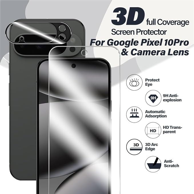 BIGFACE for Pixel 10 Pro Tempered Glass Screen Protector + Camera Lens Protector [ 2 + 2 Pack ][Fingerprint Unlock] [Anti-Scratch] [Case Friendly] Clear HD Protective Film for Google Pixel 10 Pro 5G - Image 2