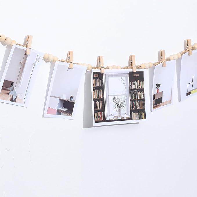 Boho Hanging Photo Display, 3 Pack Wooden Bead Garland with Clips | 30 Clips and 24 Pegs for Photos, Cards and Artwork, Bedroom Or Living Room Decor - Image 3