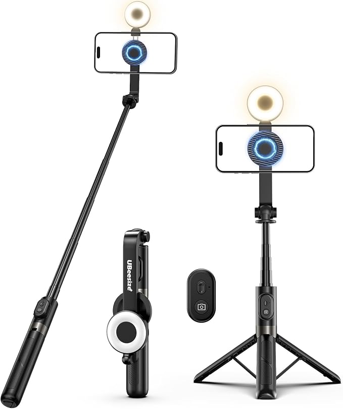 UBeesize Magnetic Selfie Stick Tripod with Dimmable Light and Rechargeable Remote, Portable Travel Phone Tripod Stand for MagSafe and Android Phones, Ideal for Vlogging, Photos, Video Recording by UBeesize