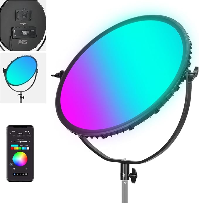 NEEWER 18" RGB LED Round Panel Video Light with APP Control, 65W 6000Lux/0.5m 2500K-8500K RGBCW Photography Studio Lighting /18 Scenes/V Battery Powered for Outdoor Filming Recording Streaming, GR18C by Neewer