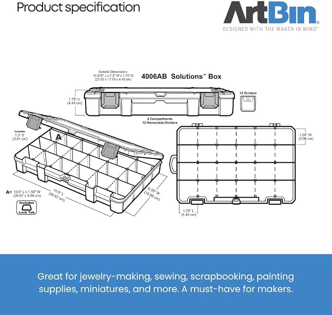 ArtBin Medium Solutions Box Craft Organizer with 12 Dividers, Clear | 12 Removable Dividers, 10.75 x 7.375 x 1.75 Inches, Secure Latches, Stackable, Clear Plastic - Image 7