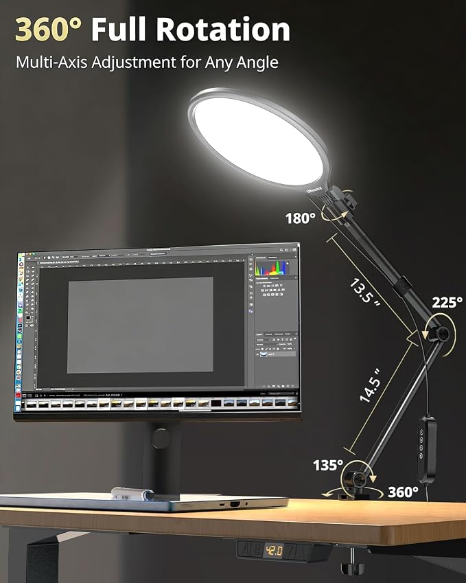 UBeesize 10" Desk Ring Light with Stand, Multi-Angle Adjustable Arm with C-Clamp for Home Office, Streaming Light with Inline Control for Video Conference, Podcast, Gaming, Recording, Live Streams - Image 4