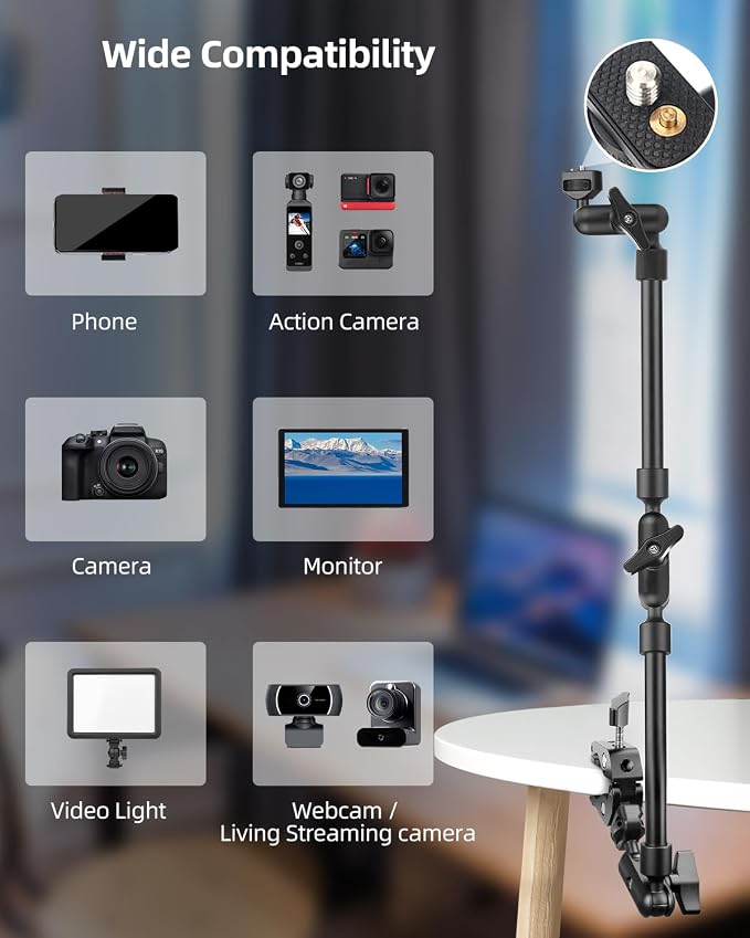 22" Magic Arm w Clamp, Overhead Phone Mount, Desk Camera Mount w Articulating Friction Boom Arm Thread Adapter, for Phone Video Light Webcam Microphone Action Camera Content Creators - Image 5