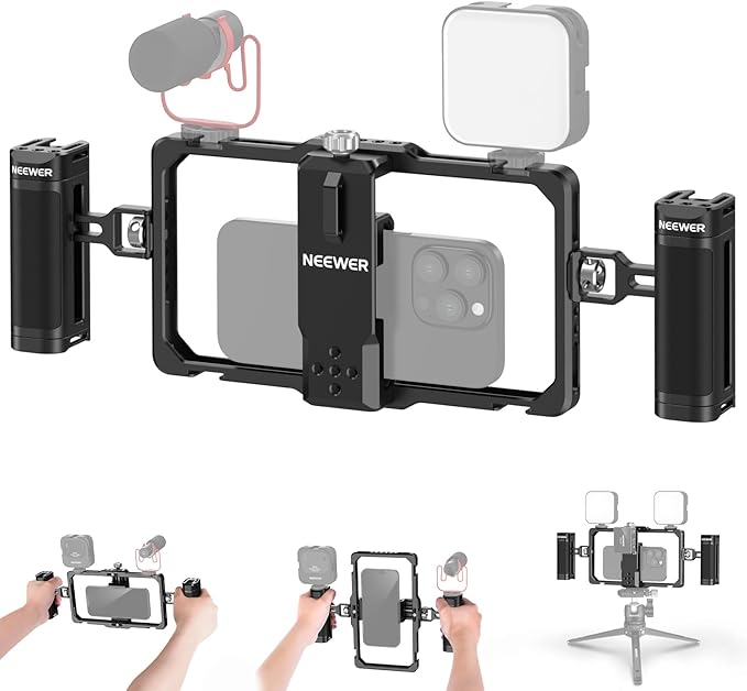 NEEWER Upgraded Phone Rig Vlogging Kit, Video Stabilizer with Dual Handle, Wireless Mic Clip Slot for TikTok YouTube, Compatible with SmallRig iPhone 17 Pro Max 16 16e 15 Galaxy S25 Ultra, PA009 by Neewer