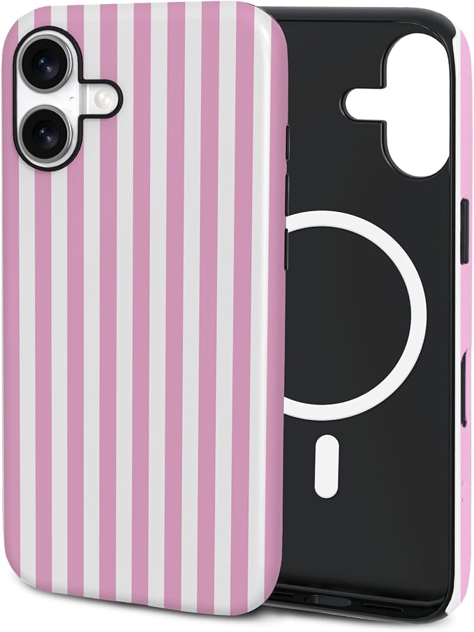 TPU Phone Case for iPhone 16, MagSafe Wireless Charging Compatible, Shockproof Slim Fit Protective Cover with Anti-Yellowing & Raised Camera Protection (Pink Stripe, iPhone 16) by Unknown
