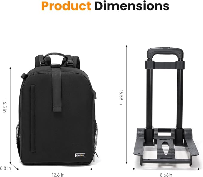 Cwatcun Camera Trolley Bag, Rolling DSLR Case with Removable Cart | Fits 2 DSLRbodies+3-5lenses+flash+15.6"laptop+tripod. 900D nylon, padded dividers, carry-on friendly, for city adventures. - Image 6