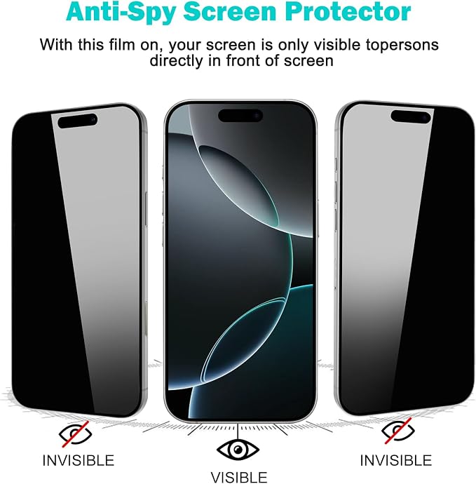 PEHAEL for iPhone 16 Pro Privacy Screen Protector+Camera Lens Protector | 3+3 Pack, Installation Frame, Cleaning kits, Anti-Spy Private, Anti-Scratch, 9H Tempered Glass, Case Friendly, [6.3 inch] - Image 4
