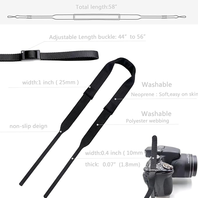 Camera Neck Strap Thin,Binocular Strap with Neoprene Padding,Camera Lanyard,Digital Mirrorless Camera Strap for Photographers,Washable,Black,58 Inch - Image 6