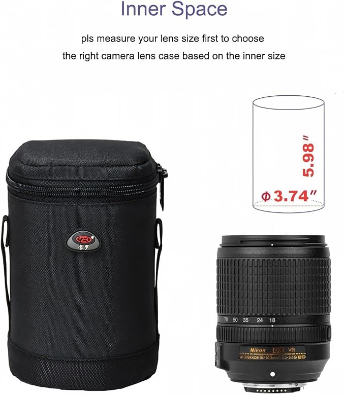 DSLR Camera Lens Case Pouch Bag for Lenses up to 3.74" x 5.98" | Lightweight Padded Lens Case with Zipper, Soft Lining & Carrying Strap, Protects Lenses from Dust, Scratches & Water - Image 2