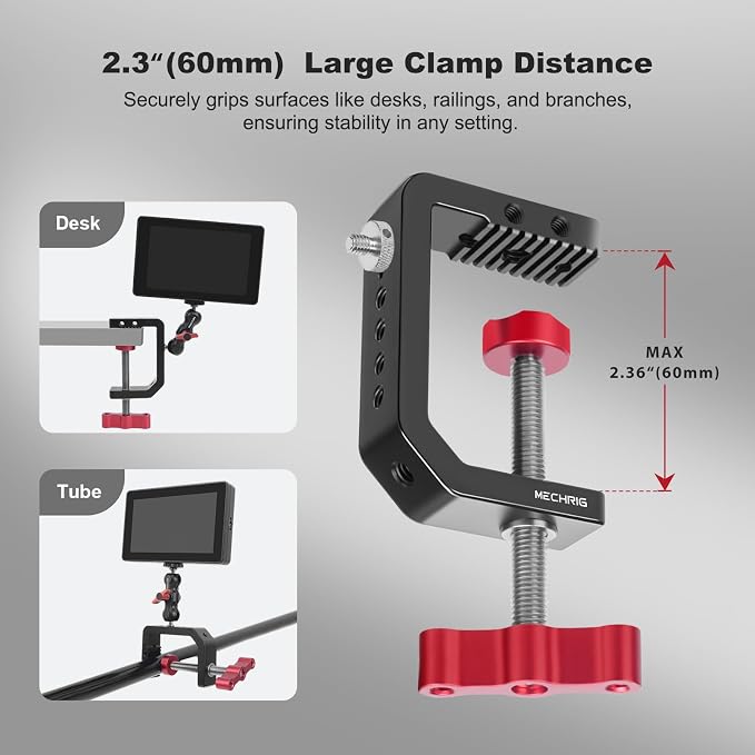 C Clamp Desk Camera Mount, Aluminum Table C-clamp with 1/4" 3/8" Thread, Desktop DSLR Mount for Photo Studio Video Camera, Light Stand, Desk, Rods, Shelves, Bike, Max Clamp 2.36" (62021) - Image 3