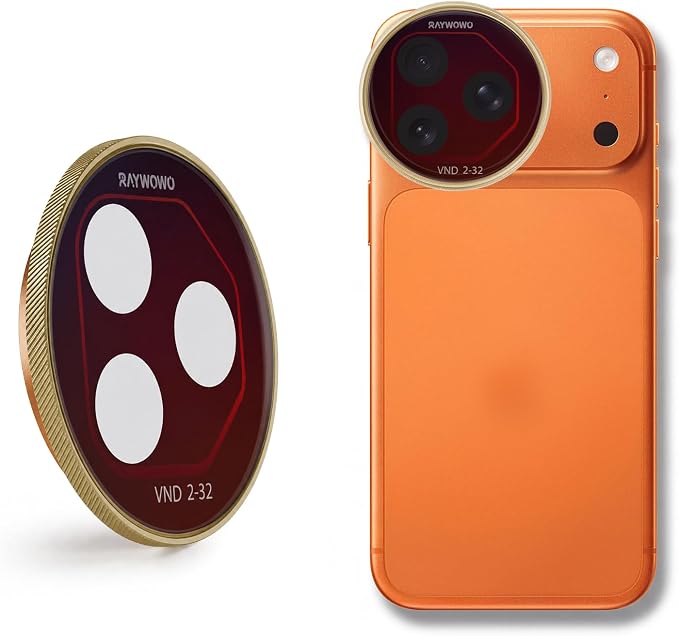 VND2-32 Lens Filter for iPhone 17 Pro, Orange Gold | Variable ND filter controls exposure from ND2 to ND32 for outdoor video; quick-install design for iPhone photos and filming. by Raywowo