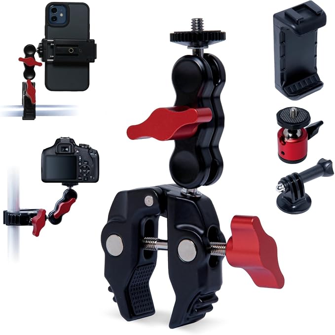 POWERTEC Super Clamp Camera Mount 360° Double Ball Head Adapter with GoPro/Phone Tripod Mount and Tripod Head for Bike, Desk, Mini Projector, Photography Lighting (71925) by POWERTEC