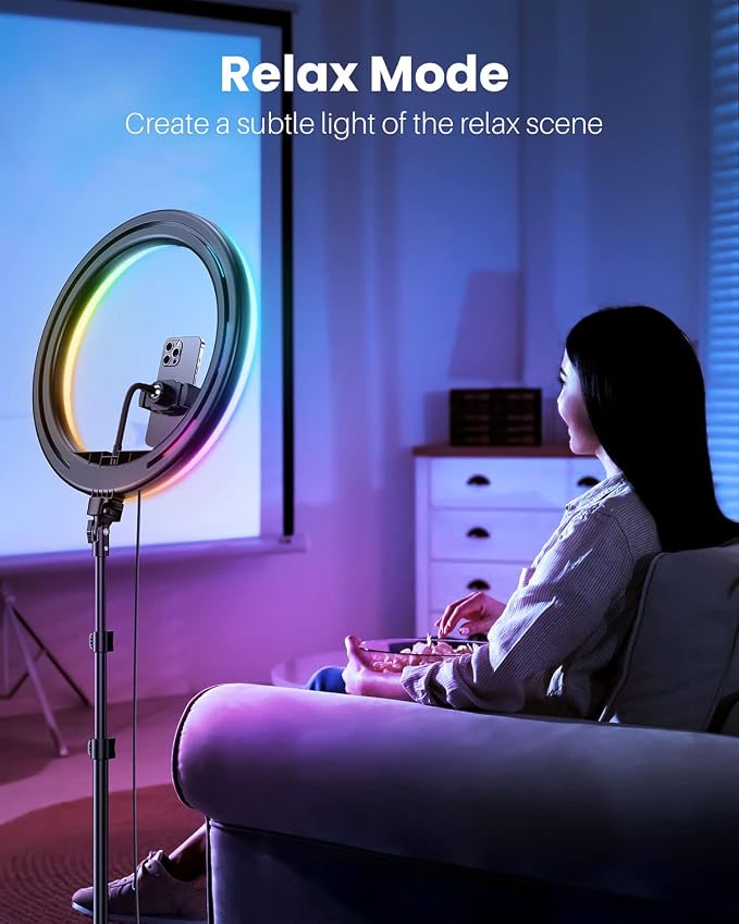 12'' Ring Light with Stand 72'' Tall & 2 Phone Holders,38 Color Modes Selfie Light with Tripod Stand, Big LED Ring Light for iPhone/Android/Camera,YouTube,Makeup - Image 2