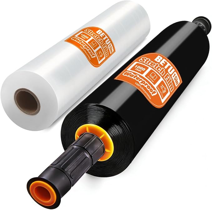 Stretch Film Shrink Wrap Privacy Combo Kit (15" Clear + Black) x 1000 Ft for Moving Supplies, Heavy Duty Plastic Wrap Stretch Roll for Moving Boxes Easy Identification and Privacy Protection by BETU