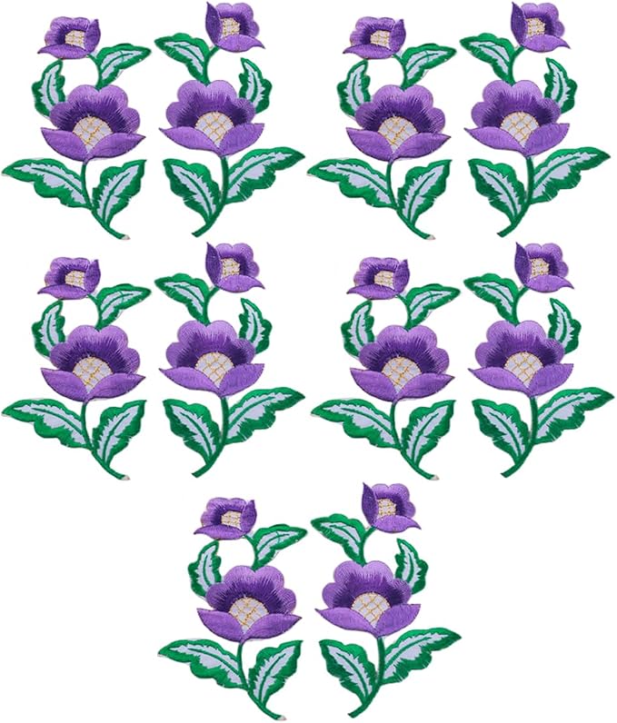 5 Pairs Floral Iron on Applique Flower with Green Vine Embroidered Patch for Collar Dress Accent Shoes Jeans Sewing Accessories Embellishment (Purple) by MSCFTFB