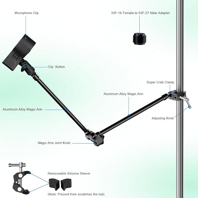 Mippko Microphone Stand Holder,21.5" Long Flexible Adjustable Magic Arm Super Crab Clamp Mic Clip 3/8"-16 to 5/8"-27 Adapter Mount,Compatible with Shure/Fifine /AT2020 /Pyle/Blue Snowball/Razer - Image 2