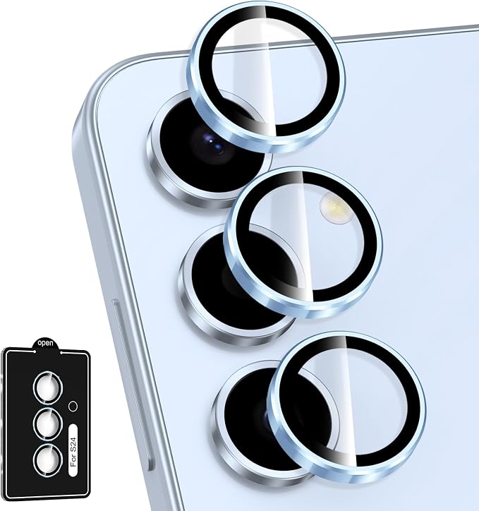 for Samsung Galaxy S24 Camera Lens Protector, Individual Metal Ring Tempered Glass Lens Cover, [Strong Adsorption] Scratch Resistant Ultra-Thin HD Clear Lens Cover, 1 Set-Blue Ring by Btscase