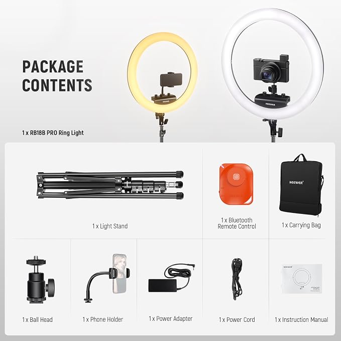 NEEWER Professional 18 Inch Ring Light with Tripod Stand Phone Holder Compatible with iPhone, 45W Remote Shutter App Control, Video Recording Makeup Selfie Studio Streaming Filming, RP18B Pro Black | Compatible with iPhone, 45W, Remote Shutter, App Con... - Image 8
