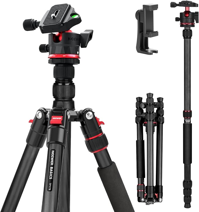 NEEWER Basics Carbon Fiber Travel Tripod Monopod, 64" Compact Lightweight Portable Camera Cell Phone Holder Stand Compatible with iPhone Video Recording, Arca Type Ball Head, Max Load 13.2 lbs, TP17B by Neewer