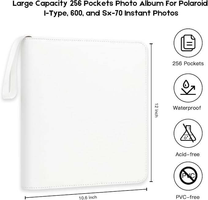 Veicevol 256-Pocket Album for Polaroid i-Type, 600 & SX-70 Photos, White | Designed for Fujifilm Instax Wide Photos, Water-Resistant PU Leather Cover, Zipper Closure, Securely Holds Up to 256 Photos - Image 3