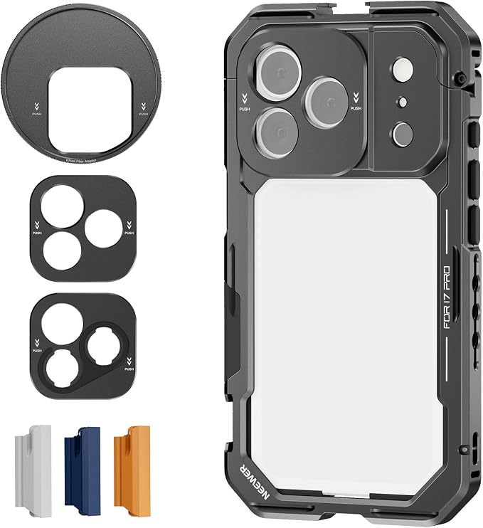 NEEWER Phone Cage Compatible with iPhone 17 Pro, Quick Release Video Rig Stabilizer Accessories with 67mm Filter Ring, 17mm Lens Backplate, T Mount Adapter, 4X Camera Control Cap, PA143 (Black) by Neewer