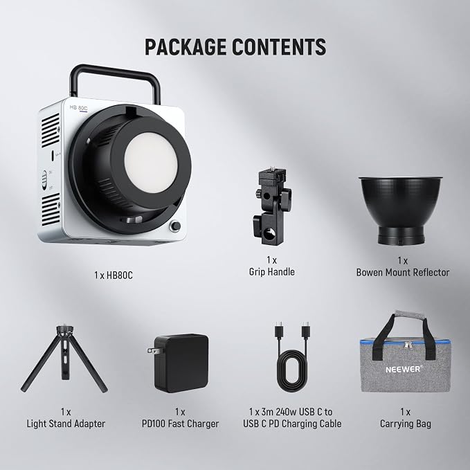 NEEWER 80W RGBWW LED Video Light with 72Wh Battery, 100W PD Fast Charger, APP/2.4G Control, 10400lux/m 2500K-7500K, Mini RGB Bowens Mount Studio Photography Recording Continuous Output Lighting, HB80C - Image 9