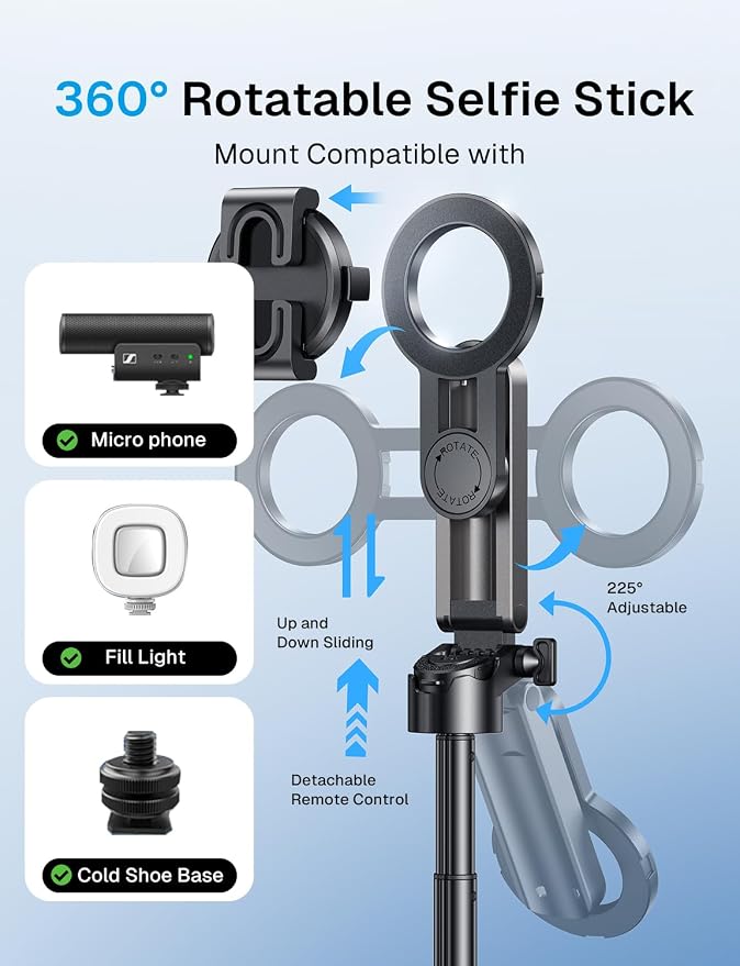 MAGIC JOHN Phone Tripod with 2 Selfie Light, Portable Pocket Size Selfie Stick for iPhone Magsafe, Selfie Stick with Detachable Remote Control for Photograph, Live Streaming, Video Recording - Image 4