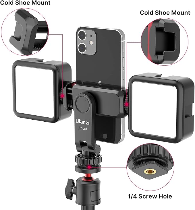 ULANZI ST-06S Phone Tripod Mount, Universal Phone Mount w 2 Cold Shoe | 1/4" Screw, 360° Rotates 180° Tilts, Adjustable Cellphone Clip Clamp Holder for Tripod, Camera, iPhone 17/16/15, Android - Image 3