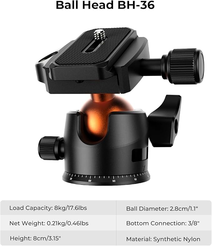 K&F Concept 64 inch/163cm Lightweight Aluminum Travel Camera Tripod | Compact and Portable, 360° Ball Head, Load Capacity 17.6lbs, DSLR Photography and Smartphone Live Streaming Vlog O234A1+BH-36 - Image 5
