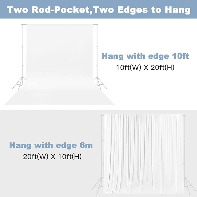 10X20ft White Photo Backdrops for Photography, LCUIRC Two Rod Pocket Backdrops Curtain for Parties, Polyester Background with 4 Clamps for Product Protrait Photoshoot or Parties Decoration - Image 3