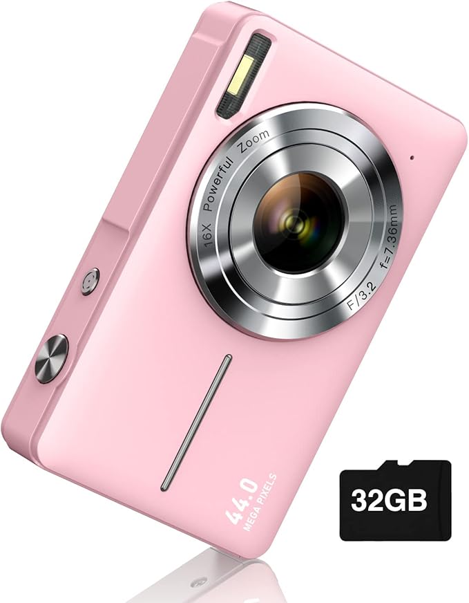 Camkory Digital Camera FHD 1080P with 32G Card 16X Zoom Easy for Kids Pink | Compact camera with anti-shake, Includes 2 batteries & charger. Perfect for parties, trips, birthdays gift from parents. by CAMKORY