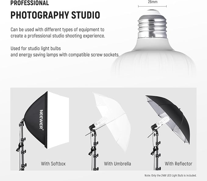 Neewer E26 24W LED Light Bulbs, 2 Packs, 2160 Lumens/5700K/CRI 93+/15000h Lifespan, Bright Video Photography Lighting, Silent/No Flicker/Non Dimmable 200W Incandescent Equivalent - Image 6