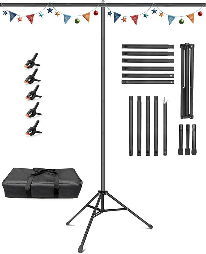 Hemmotop T Shape Backdrop Stand 8x7.5ft(HxW) Portable | Threaded Connection, Same Pipe Size, Extra Sturdy, with 5 Clips and Carry Bag, for Birthday, Baby Shower Party, Photoshoot by Hemmotop