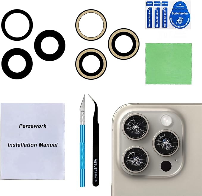 OEM Back Rear Camera Lens Glass Replacement for iPhone 15 Pro Max 6.7 inches with pre-Installed Adhesive and Reparing Toolkit by Perzework