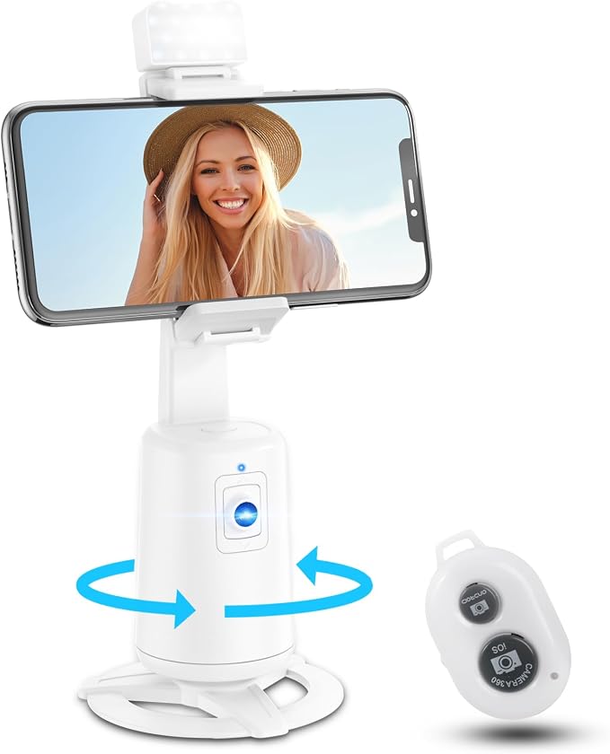 Auto Face Tracking Tripod 360° Rotating Cell Phone Photo and Video Kits Stand, No App, Camera Stand with Remote and Gesture Control, Rechargeable Smart Shooting Stand for Live Recording Tiktok（White） by jiangler