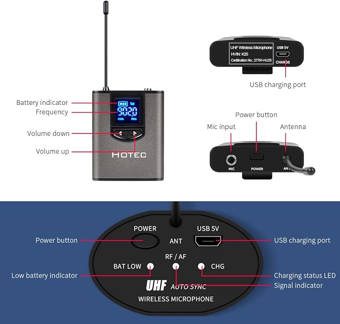 HOTEC UHF Wireless Microphone System with Dual Lapel/Lavalier and Headset Microphones Over PA, Mixer, Speaker, Karaoke Machine for Church, Training, Classroom, Interview (H-K25) - Image 7