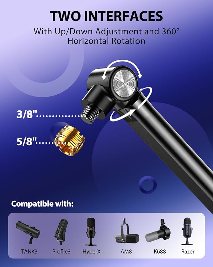 UBeesize Microphone Boom Arm, Aluminum Alloy Mic Arm Stand | 360° Rotatable Desk Mount with 3/8" to 5/8" Adapter, Compatible with Blue Yeti, HyperX QuadCast, Shure SM7B, Podcast & Gaming - Image 3