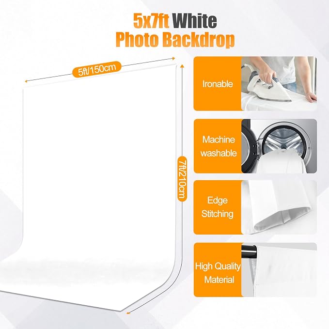 White Photo Backdrop with 5x6.5ft T-Shaped Stand for Photoshoot | 5x7ft Portable White Backdrop Stand Kit with Carrying Bag, 5 Strong Spring Clamps for Baby Shower Portrait Live Streaming - Image 5
