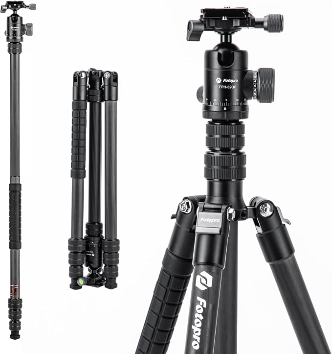 Fotopro 73"/185cm Carbon Fiber Travel Tripod for Camera, 360° Panorama Ball Head, Arca Quick Release Plate, Portable Bag, Compact Travel Tripod Monopod for DSLR Camera Camcorder, Load up to 22lbs/10kg by Fotopro