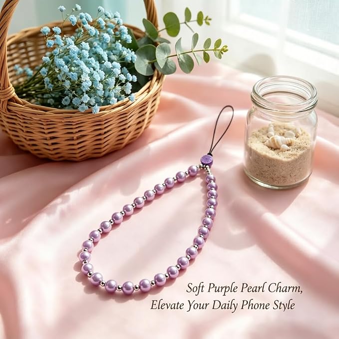 2 Pcs Phone Charm Beaded Strap Cute Cell Phone Wrist Straps String Accessories Hand Aesthetic Lanyard Wristlet Chain for iPhone 17 Pro 16 Camera AirPods Bags Keychains Women Girls Pearl Gold and Puple - Image 5